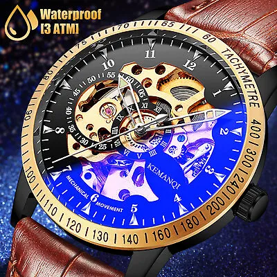 Men's Luxury Gold Tone Stainless Steel Skeleton Automatic Mechanical Wrist Watch • $19.98