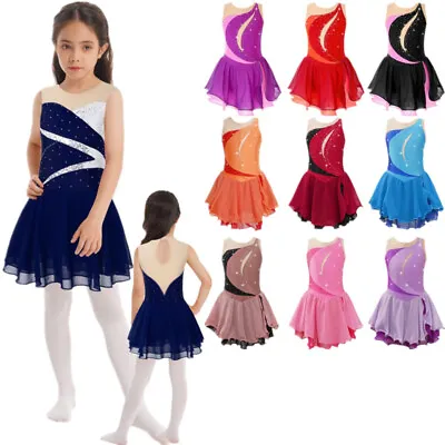 UK Kid Girls Shiny Sequins Figure Ice Skating Dress Ballet Dance Leotard Costume • £14.99