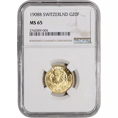$774.40 • Buy 1908 B Switzerland Gold 20 Francs - NGC MS65