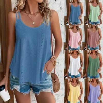 Womens Casual Strappy Tops Camisole Holiday Loose Solid Tank Hollow Vest Blouse • £8.99