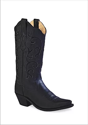 Old West Black Womens All Over Leather 12in Snip Toe Stitch Cowboy Boots • $105.99