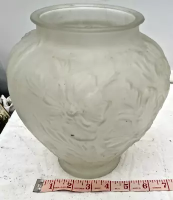 Vintage Floral Frosted Glass Iris Art Nouveau Vase Wide White Glass Wide Mouth • $9.99