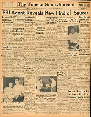 UFO Original Newspaper July 11 1947 FBI Agent Reveals New Find Of Saucer B20 • $349