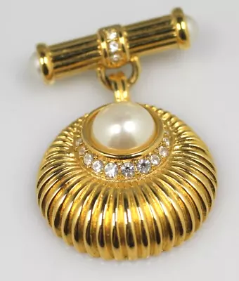 Vintage  Gold Tone Scallop Shape Imitation Pearl Drop Dangle Bar Pin Brooch • $6.50