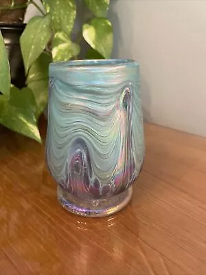 Hand Blown Art Glass Bud Vase Votive Purple Blue Swirl Mermaid Pattern 4.5” Tall • $19.99