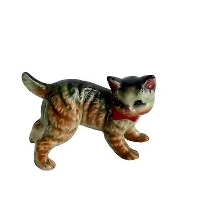 Vintage Tabby Cat Ceramic Figurine Red Collar • $24.95