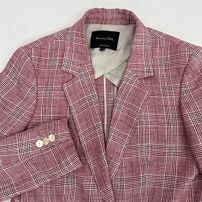 Massimo Dutti Womens 8 (Medium) EU 40 Pink Glen Check Plaid 100% Linen Blazer • $44.99