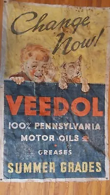 1920's/30's Veedol Motor Oil Banner With Boy And Dog  (56 X 34 Inches) • $695