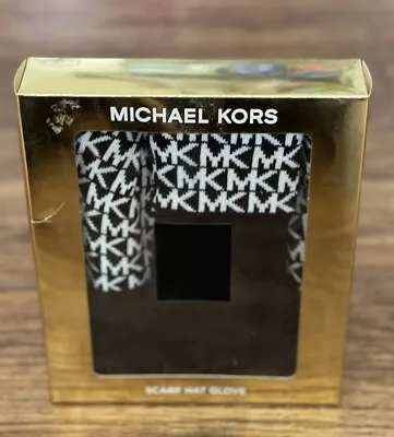 Genuine Michael Kors Black White 3 Piece Scarf Hat & Gloves Set New In Gift Box • $49.99