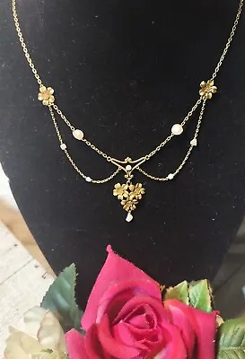 Antique  Art Nouveau 14k Gold Daisy Flowers & Pearl Festoon Necklace Estate • $794.77