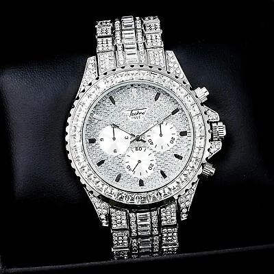 Men Wristwatch Luxury Hip Hop Silver Full Icy Band Lab Diamond Bling Metal Watch • $29.99