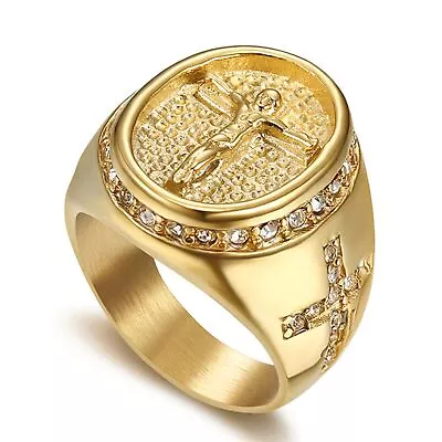 Men's Yellow Gold Plated Stainless Steel Rhinestone Jesus Cross Band Ring #8-13 • $10.99