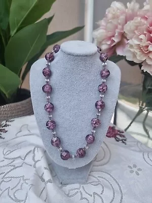 Vintage Venetian Purple Pink Wedding Cake Murano Glass Beaded Necklace - 18'' • £30