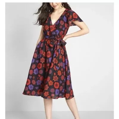 ModCloth Black Red Flower Fit And Flare Dress - Size M • $39