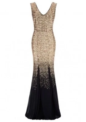 £34.99 • Buy New Goddiva Chiffon Sequin Ombre Maxi Long Prom Dress Black Gold Sz 8 Like Quiz