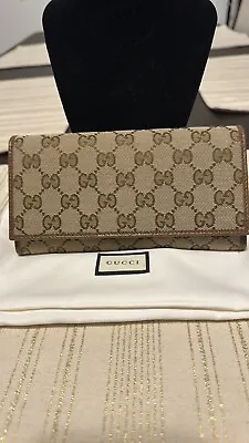 New Authentic Gucci Brown Leather/canvas Long Continental Wallet • $250
