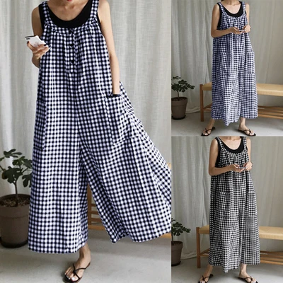 £12.49 • Buy Size Womens Plaid Jumpsuit Baggy Dungaree Ladies Overalls Loose Romper Playsuits