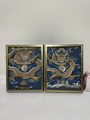 $375 • Buy Antique Chinese Embroidery Dragon Pair Framed