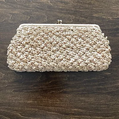 Vintage Styled By Simon Clutch Purse Raffia Straw Woven  Beige Snap Close Japan • $10.99