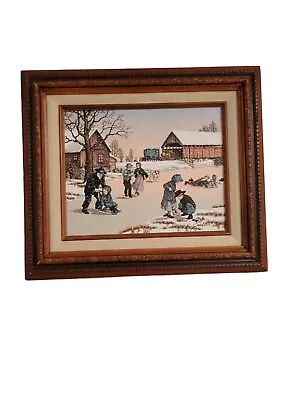 VINTAGE C. Carson Signed Canvas Print Art Framed 15x13 Children Playing On Ice • $21.24