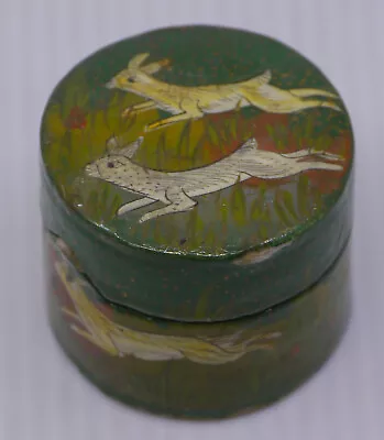 Vintage Paper Mache Hand Painted Folk Art Ring Trinket Box Deer? Rabbits? • $7.99