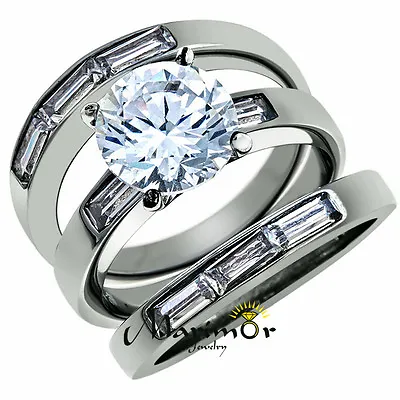 4.35 Ct Cubic Zirconia Stainless Steel Engagement Wedding Ring 3 PC Set Sz 5-10 • $25.44