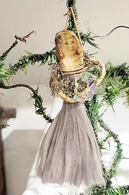 Paper Faced Girl Purple Spun Glass Skirt. Early Different 1900s German Ornament • $1.29