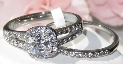 Ladies Ring Set Princess Engagement Wedding Band Stainless Steel Silver 2pcs2180 • £25.99