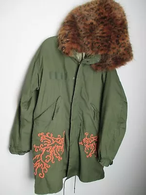 Vtg 1970's M65 Parka Liner SeaJem Couture Faux Fur Hood Embroidery S Reg M Rare • $340