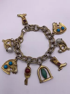 Vintage Florenza Signed Equestrian Charm Bracelet. Gold Tone W Faux Pearls &Jade • $75
