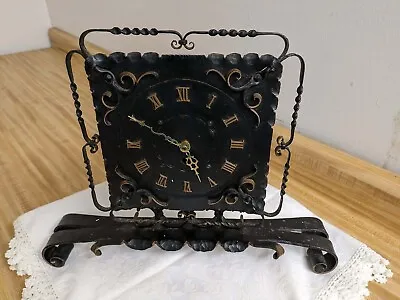 Vtg. Wrought Iron Black And Gold Clock; Quartz Pedestal. • $150