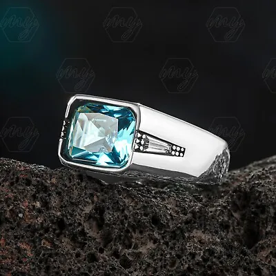 925 Sterling Silver Aquamarine Stone Turkish Men's Ring • $39.90