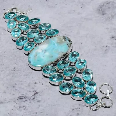 Natural Caribbean LarimarBlue Topaz Stone 925 Sterling Silver Bracelet 8  S602 • £18.99