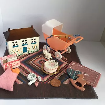 1:12 Scale Dollhouse Miniature Pink Nursery Lot Of Carpet Toy Box Baby Carriage. • $60