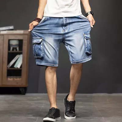 New Mens Denim Shorts Cargo Pants Overalls Pockets Breathable Short Jeans Loose • $28.99