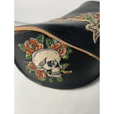 ED HARDY Sunglass Case + Cleaning Cloth. Leather & Bulldog Skull Rose Embroidery • $27.99