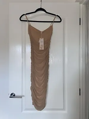 Oh Polly FIRST DATE Ruched Mesh Bodycon Midi Dress Beige Nude BNWT Size 6 RRP£42 • £15.99