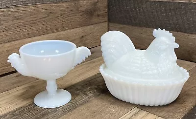 Westmoreland Milk Glass Hen On Nest Candy Dish & Rooster Cup Vintage Lot White • $19.99