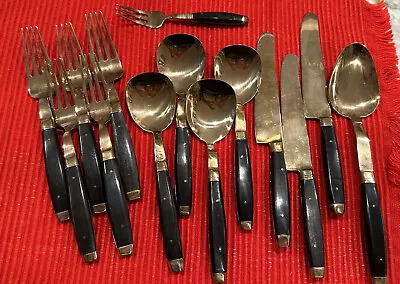 14 Pc Gold Tone Flatware W/wood Tone Handle Vintage Forks Knives Spoons Etc. • $15