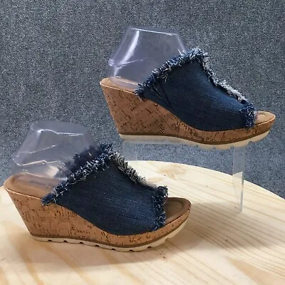 Minnetonka Sandals Womens 9 Slide Wedge High Heels Cork Blue Fabric Slip On • $23.74