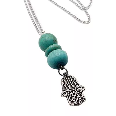 Hamsa Hand Necklace Long Chain Pendant Amulet Turquoise Mandala Boho 28  EUC • $19.99