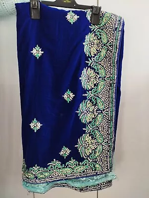 Heavy Blue Velvet Saree With Blouse For Indian Wedding Used • £59