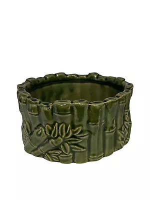 Vintage Bamboo Planter Green Majolica Round Ceramic Planter Flower Pot • $24.95