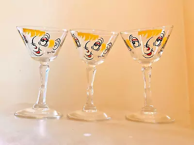 SET 3 Vintage 1950s GAY FAD Tipsy Martini Glasses Hand Painted Crooked Bent Stem • $39