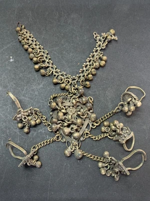 £161.77 • Buy Antique Brass Rajasthani Hathphool Hand Bracelet With Five Finger Rings Jewelry