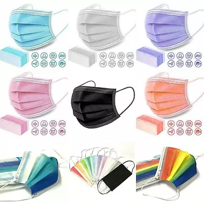 Disposable 3 Ply Face Masks Non-medical Surgical Mask Black Pink Orange Purple • £5.99