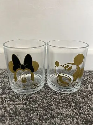 New Set Of 2 DIsney 100 Gold MICKEY & MINNIE MOUSE Drinking Glass Tumblers • £6.50