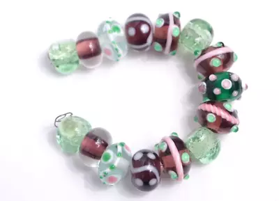 New 15 Pc Set Fine Murano Lampwork Glass Beads - 12mm Dots & Swirls - A6931c • $4.99