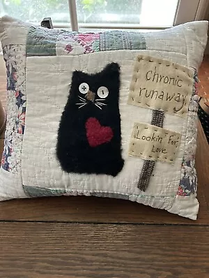 Primitive Stitchery Black Fuzzy Cat On Old Patchwork Pillow Chronic Runaway • $16.95