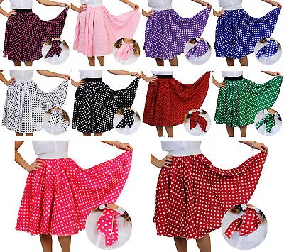 Adults Long Polka Dot Skirt & Scarf Rock And Roll 1950's Fancy Dress Costume • £15.99